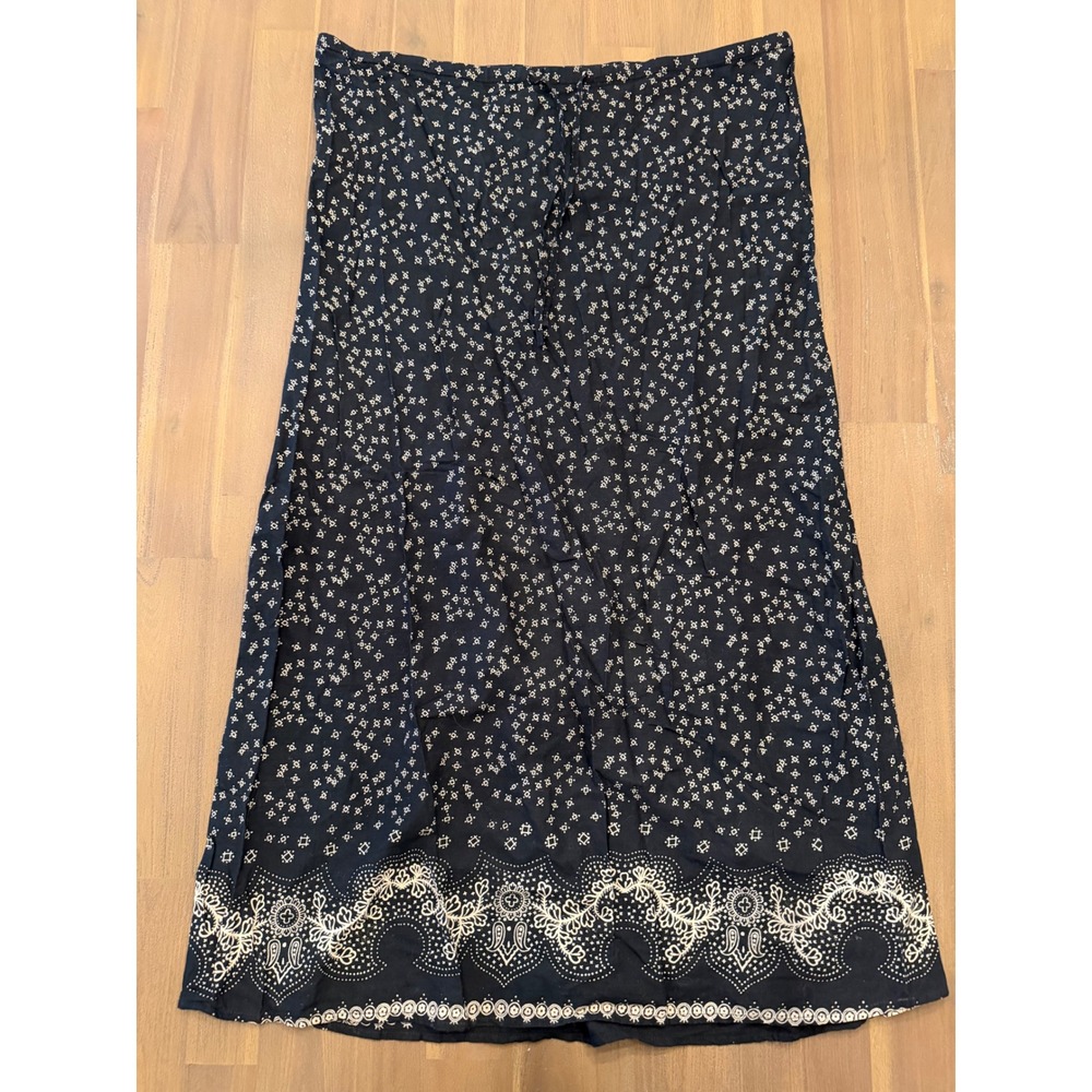 100% Cotton Black White Boho Maxi‎ Skirt Geometric Paisley Border Print Small